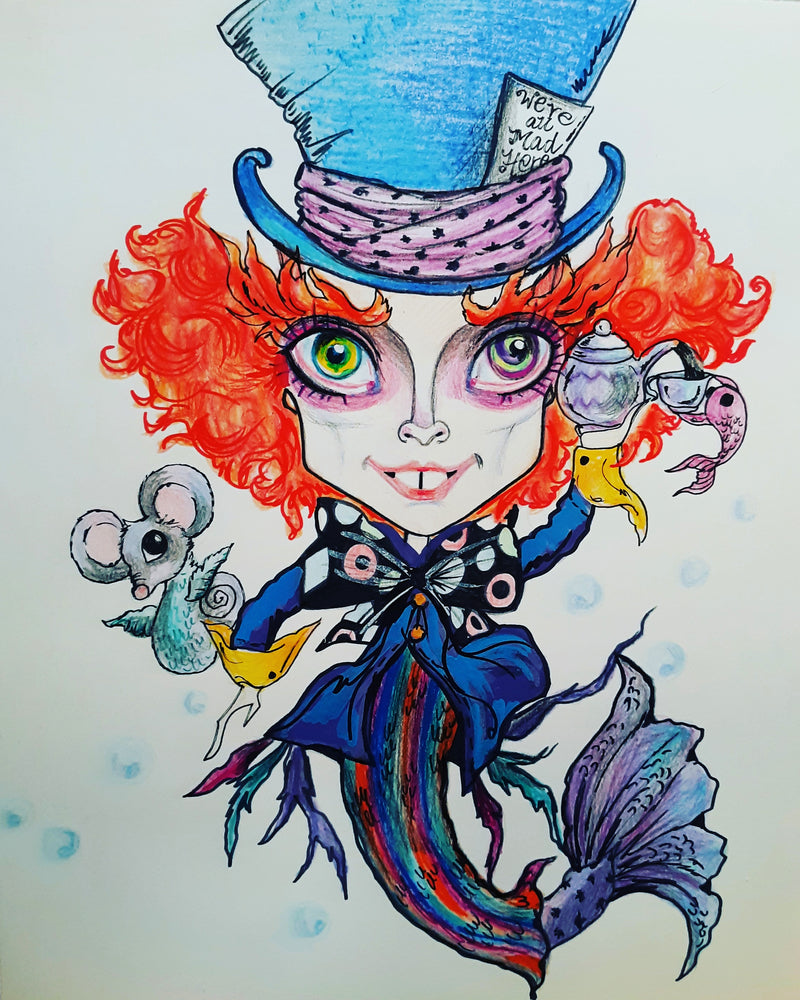 Mad Hatter Wonderland Mermaid Big Eye Art Print