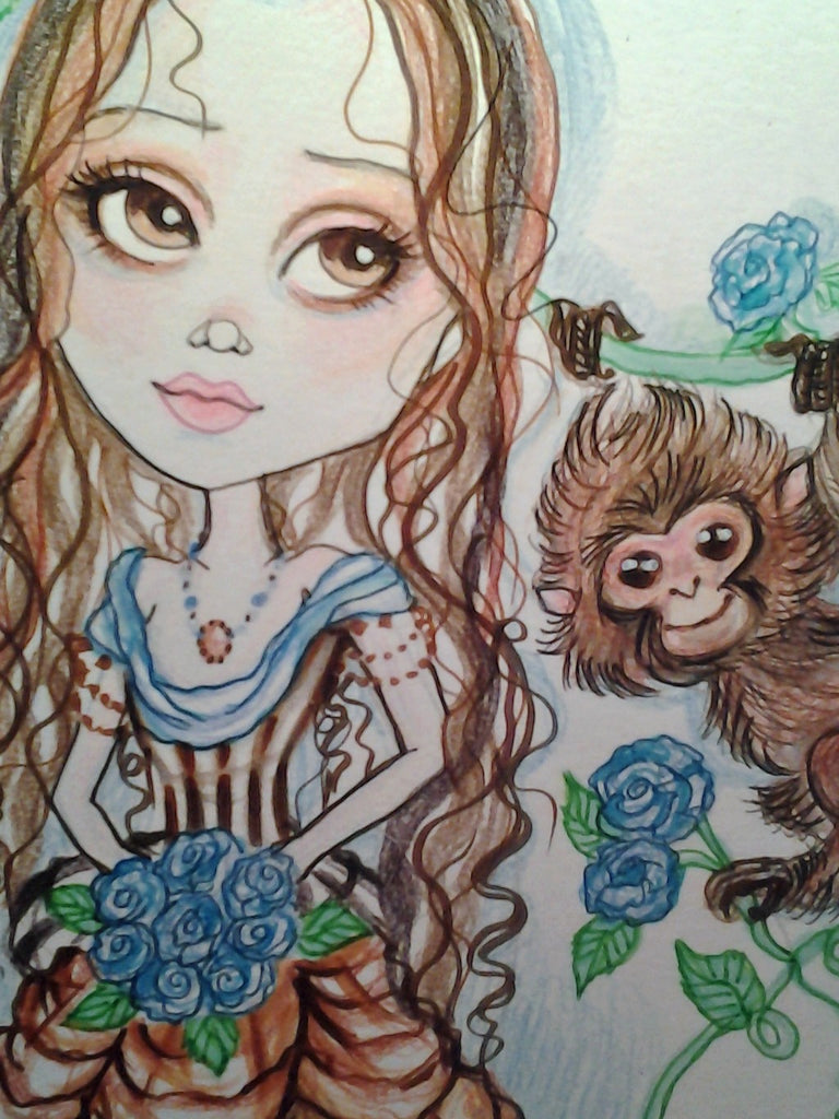 Victorian Jenna and the Monkey  with the Blue Roses Fantasy Art Print
