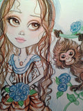 Victorian Jenna and the Monkey  with the Blue Roses Fantasy Art Print