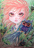 Fantasy Owl Girl and little Hoots Art Print