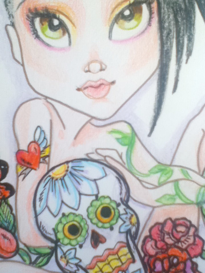 Punk Princess Goth Sugar Skull Big Eye Art Print