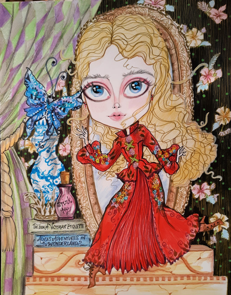 OOAK Alice Steps Thru the Looking Glass wall art, alice in wonderland original art