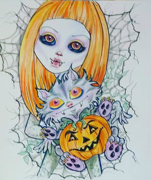 Halloween Pumpkin Spice  and Dead Arthur Cat Lowbrow Art Print