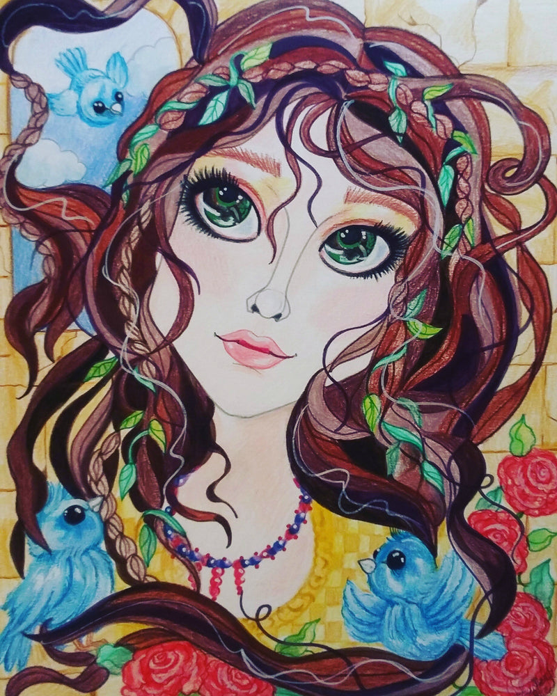 Rapunzel and the Bluebirds Fairytale Fantasy Big Eye Art Print