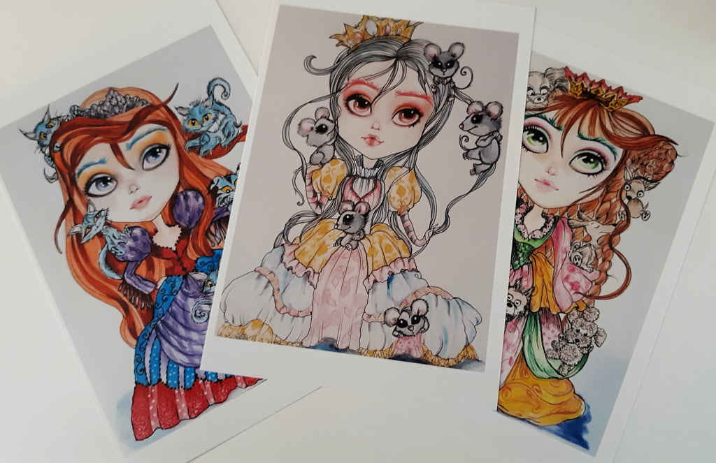 Little Royals and Cats, Dogs and Mice 5 x 7 print set cute whimsical art by Leslie Mehl