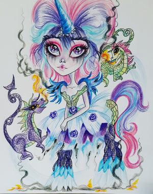 Gossip Dragons and Fantasy Unicorn Art Print by Leslie Mehl Art
