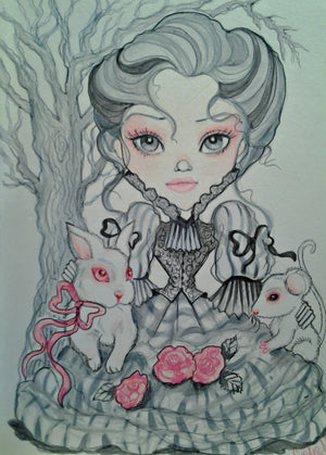 Victorian Gray Girl with Albino Animals Fantasy Art Print