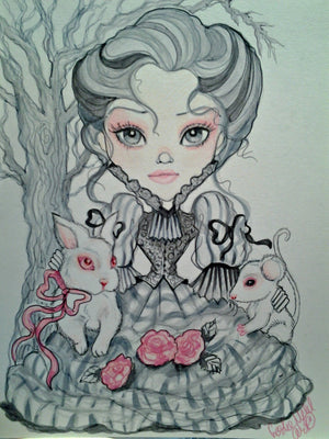Victorian Gray Girl with Albino Animals Fantasy Art Print