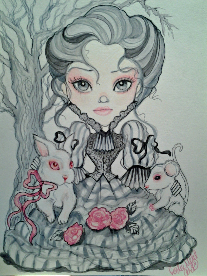 Victorian Gray Girl with Albino Animals Fantasy Art Print