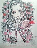 Curious Alice and the Flamingo Fairytale Fantasy Art Print