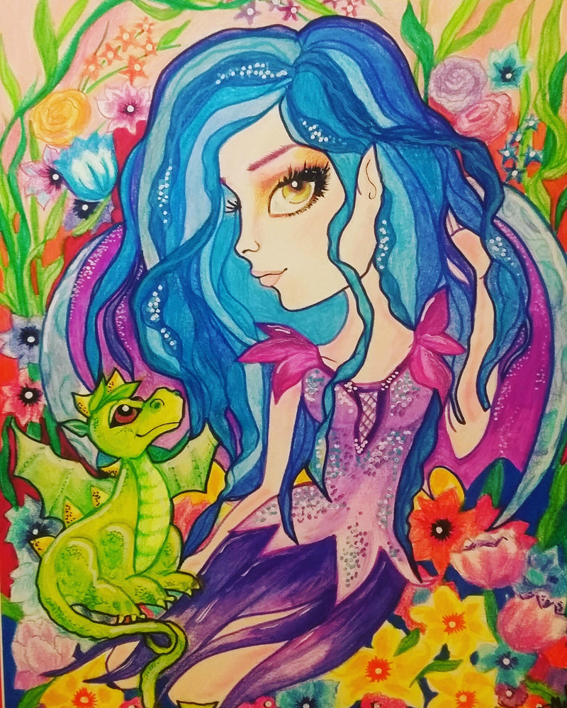 Fantasy Blue Fairy and Dragon Baby Big Eye Art Print by Leslie Mehl