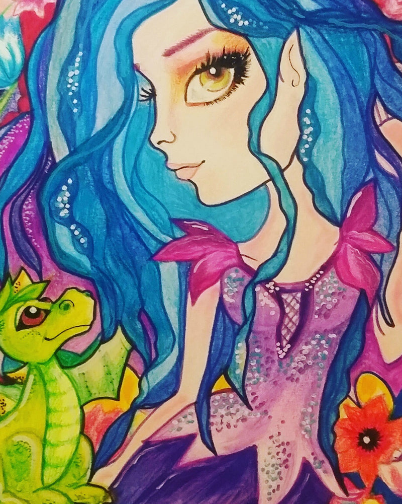 Fantasy Blue Fairy and Dragon Baby Big Eye Art Print by Leslie Mehl