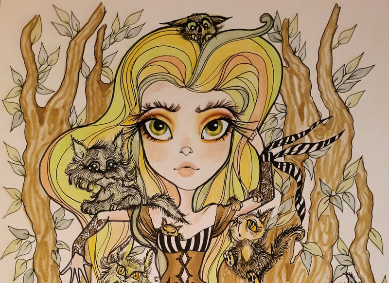 Cat Lady Fantasy Big Eye cat lover cute cat whimsical art Print by Leslie Mehl