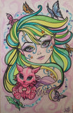 Funky Fantasy Girl and Cat Art Print