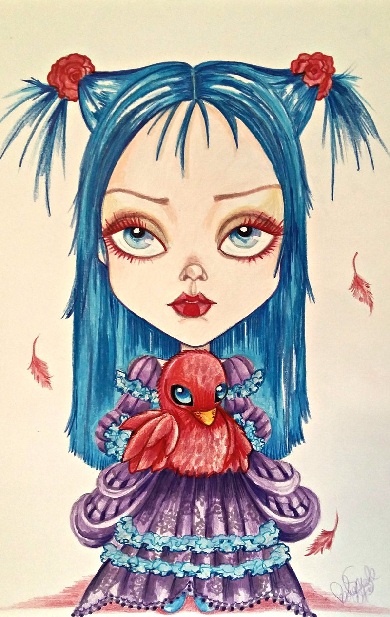Fantasy Red Bird and Olive Lowbrow Art Print