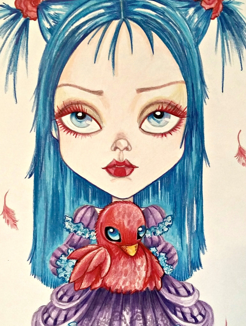 Fantasy Red Bird and Olive Lowbrow Art Print