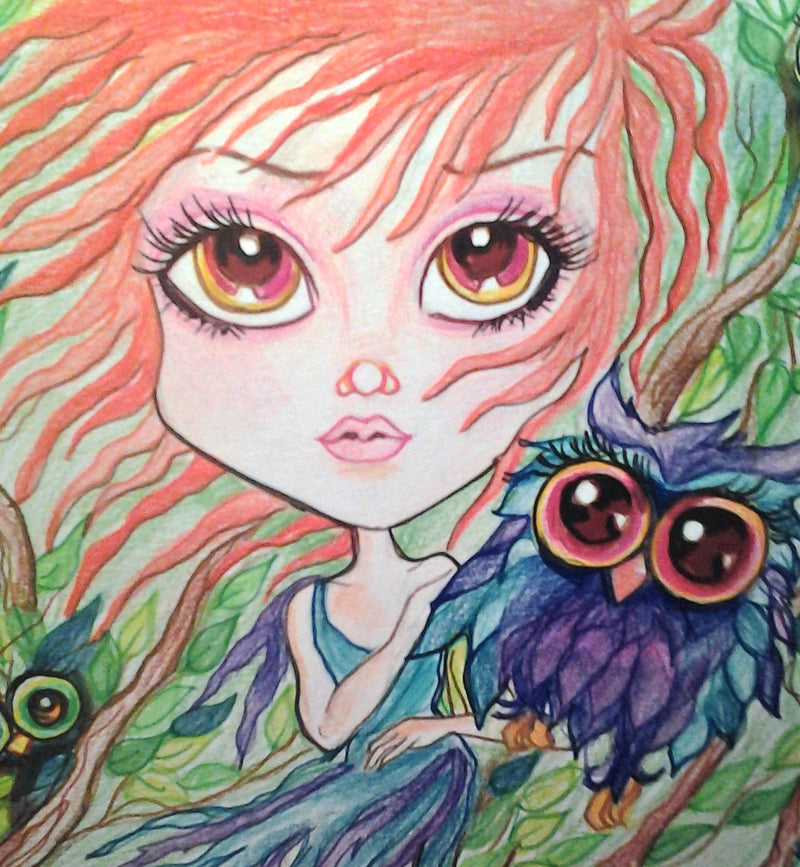 Fantasy Owl Girl and little Hoots Art Print