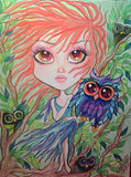 Fantasy Owl Girl and little Hoots Art Print