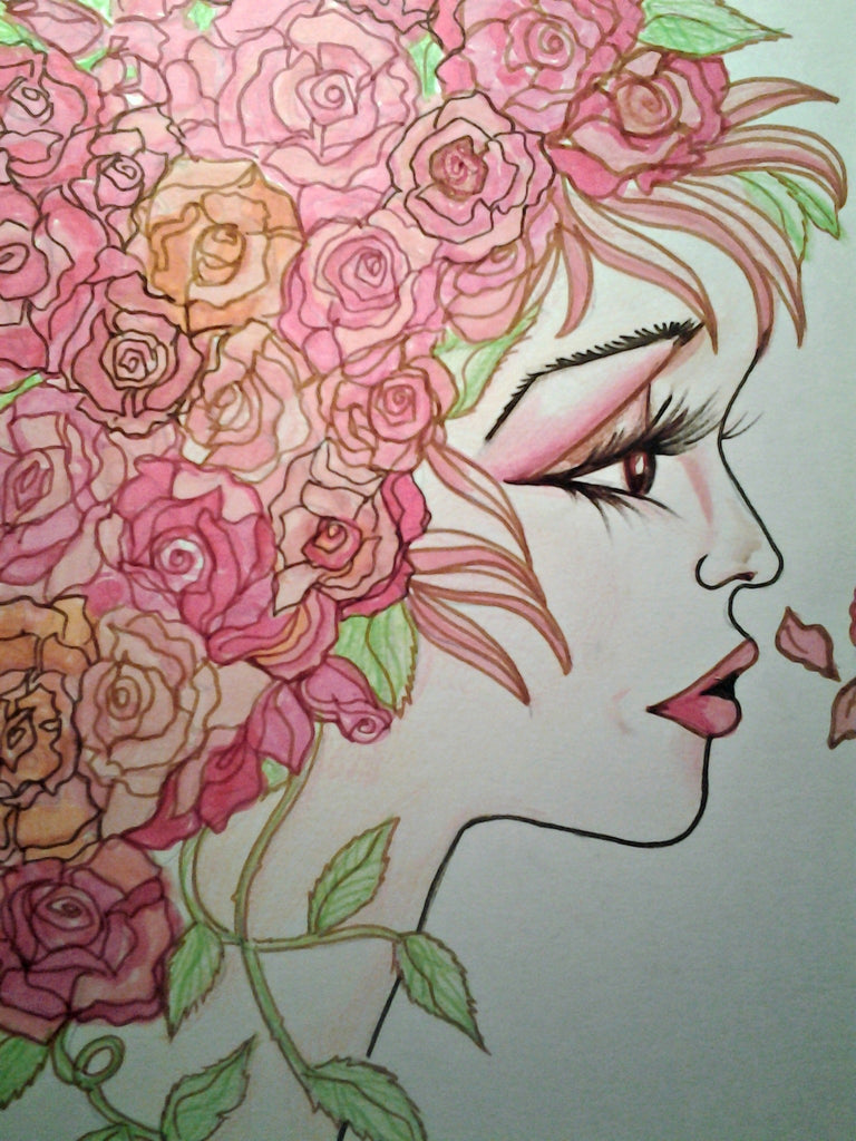 Pink Roses Womans Face Rose Floral Art Print
