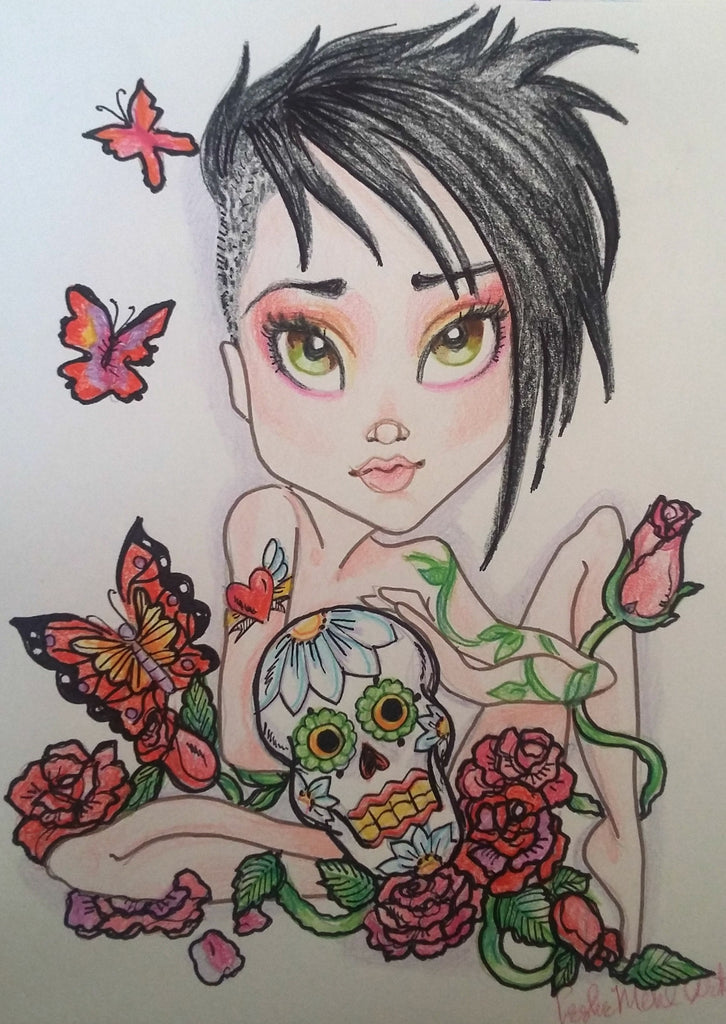 Punk Princess Goth Sugar Skull Big Eye Art Print
