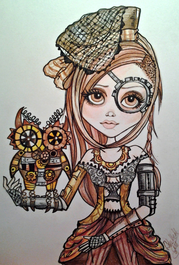 Fantasy Steampunk Girl with Owl Art Print