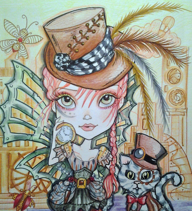 Steampunk Girl and Cat Fantasy Art Print